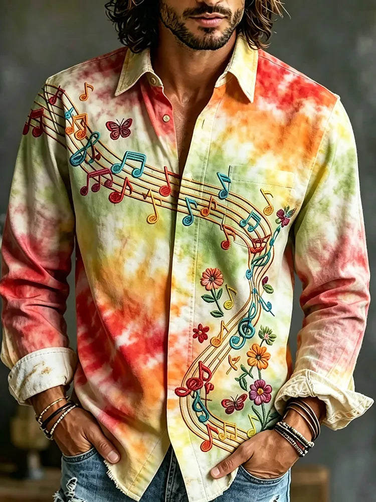Men's Hippie Tie-dye Butterfly Floral Musical Note Art Print Casual Long-sleeved Shirt