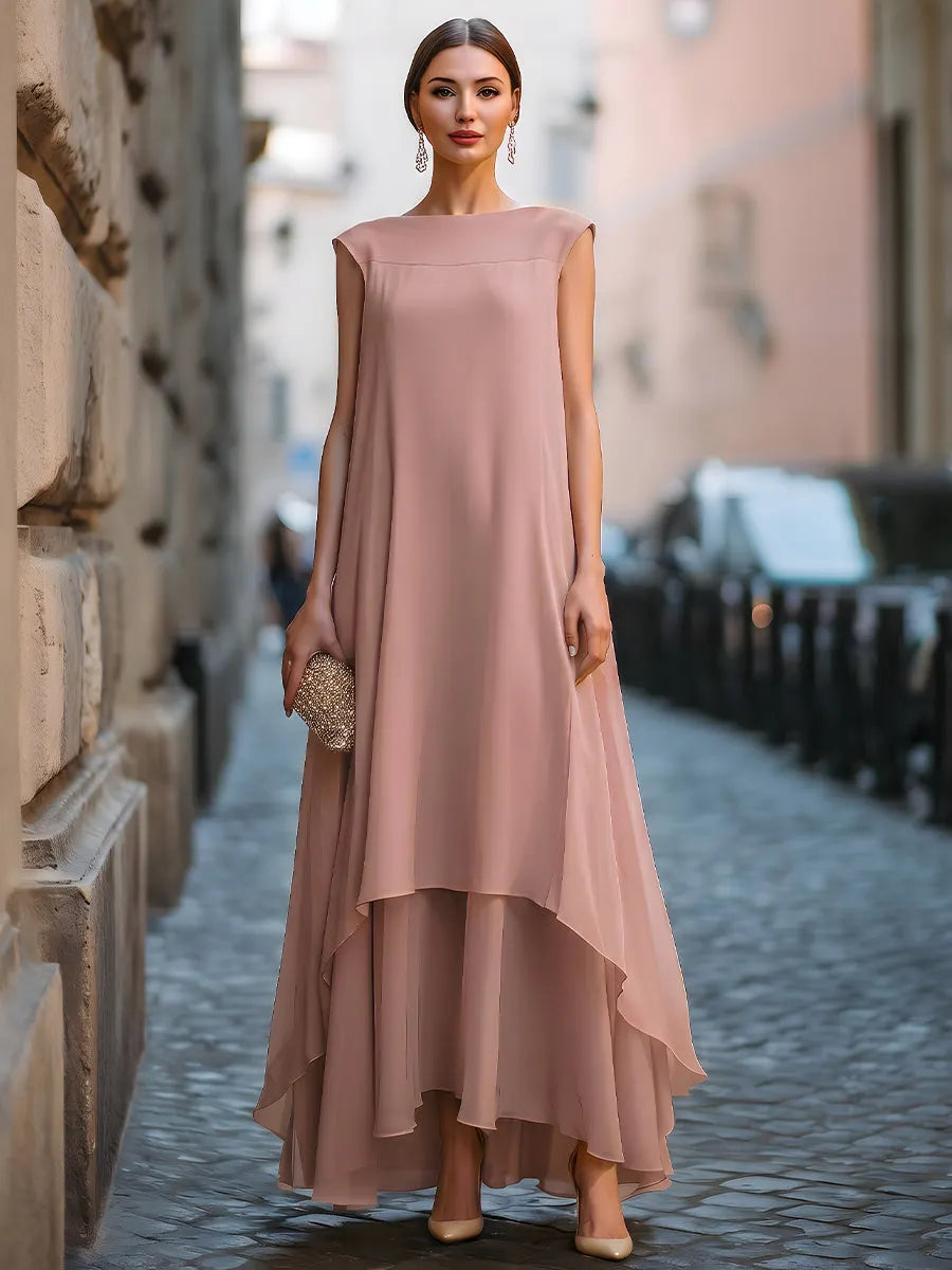 Layered High-Low Flowing Cape Maxi Dress