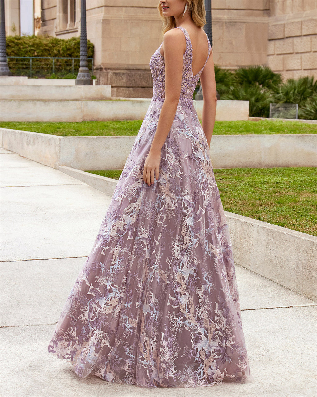 Illusion Round Neck Floral Embroidered Tulle Gown