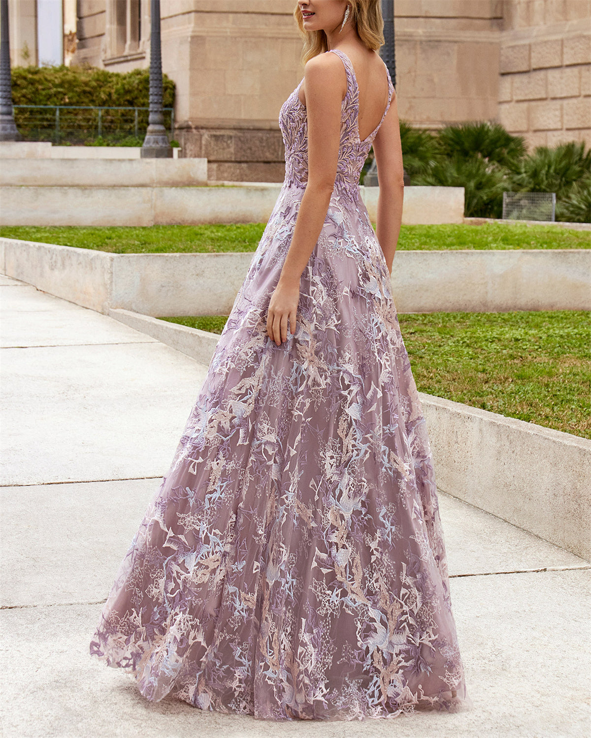 Illusion Round Neck Floral Embroidered Tulle Gown