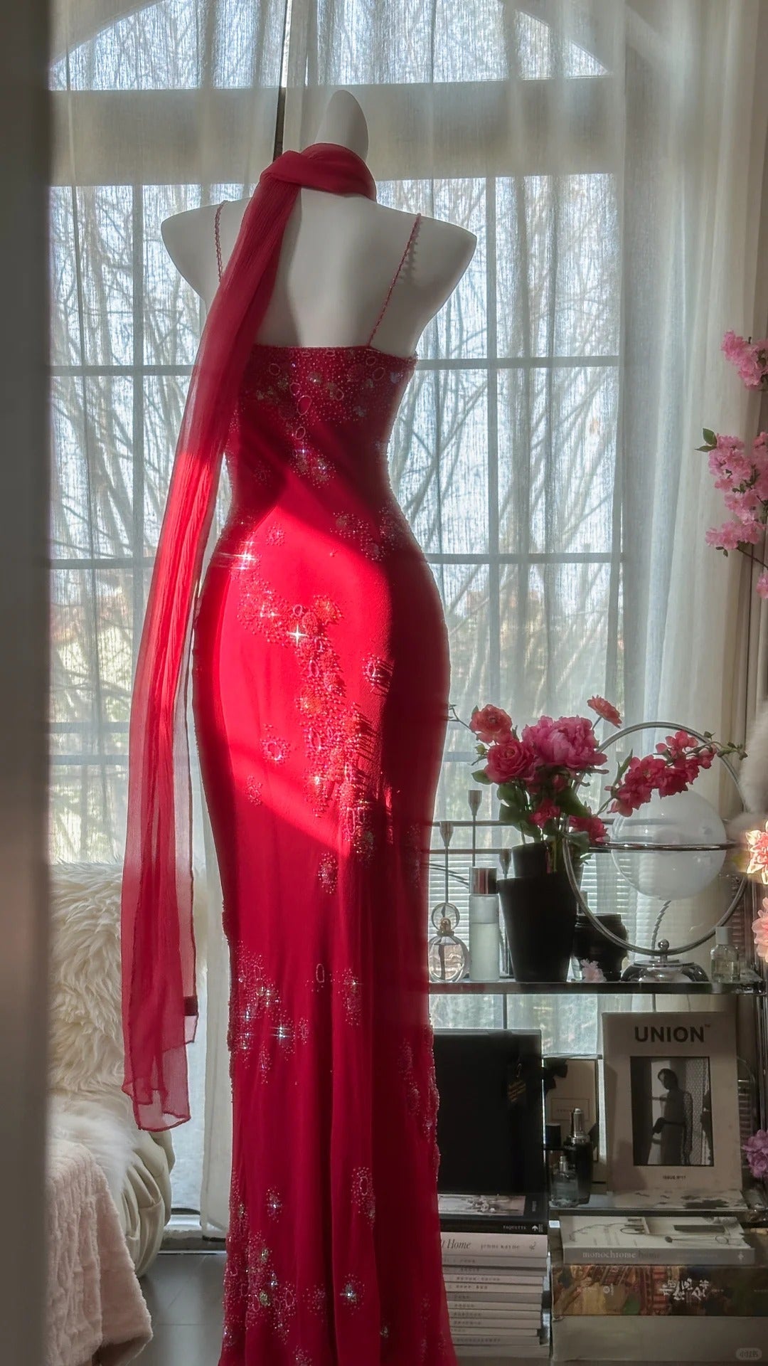 Red Romantic Gorgeous Fashion Elegant Exquisite Beaded Long Chiffon Ball Gown Evening Dress Birthday/Wedding Guest/Vacation Party Dress Prom Dress Valentine's Day Date Dress 4027