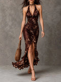 Vintage Elegant Brown Floral Satin Halter Neck Ruched Midi Dress