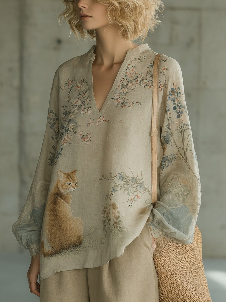 Women's Retro Floral With Cat Print Comfy Top