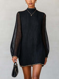 Black Mock Neck Sheer Sleeve Mini Dress With Contrast Trim