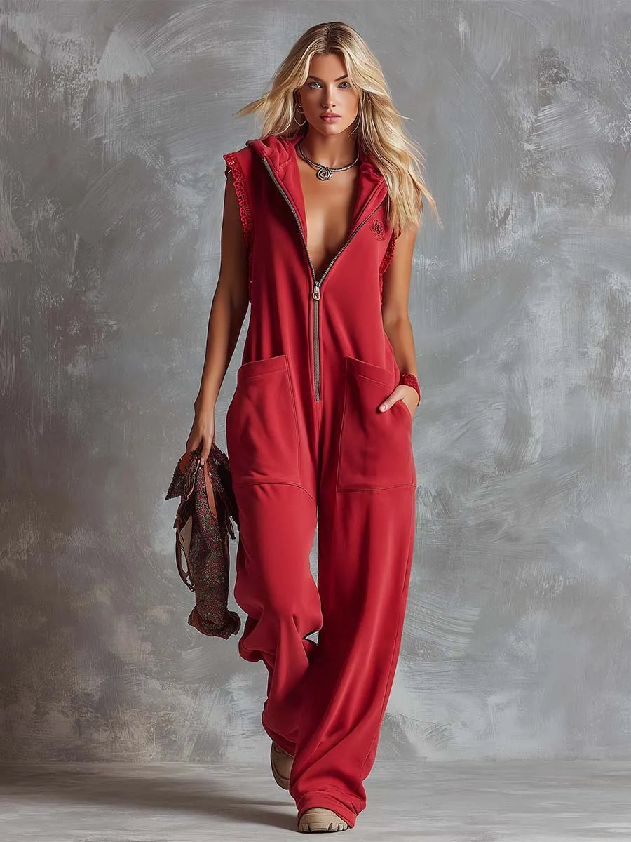 Retro Fashiona Sporty Hooded V-neck Front Zipper Raspberry Red Cotton Jumpsuit