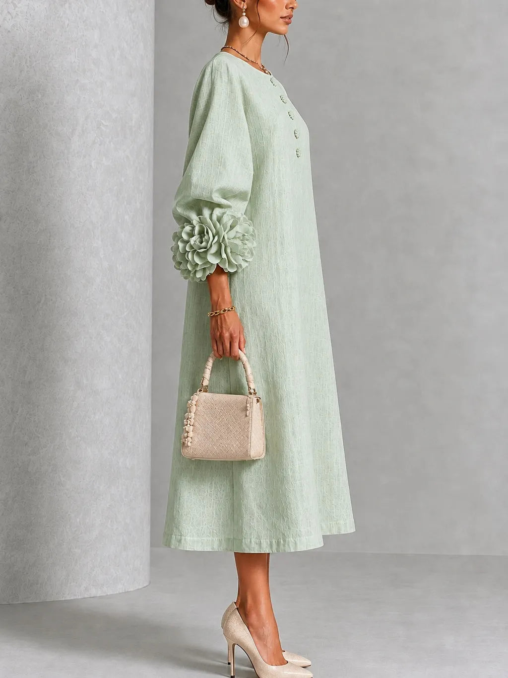 Sage Mist Floral Button-down Midi Dress With Striking Floral Cuffs