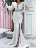 Simple V-Neck See-Through Lace Solid Color Empire Maxi Dress