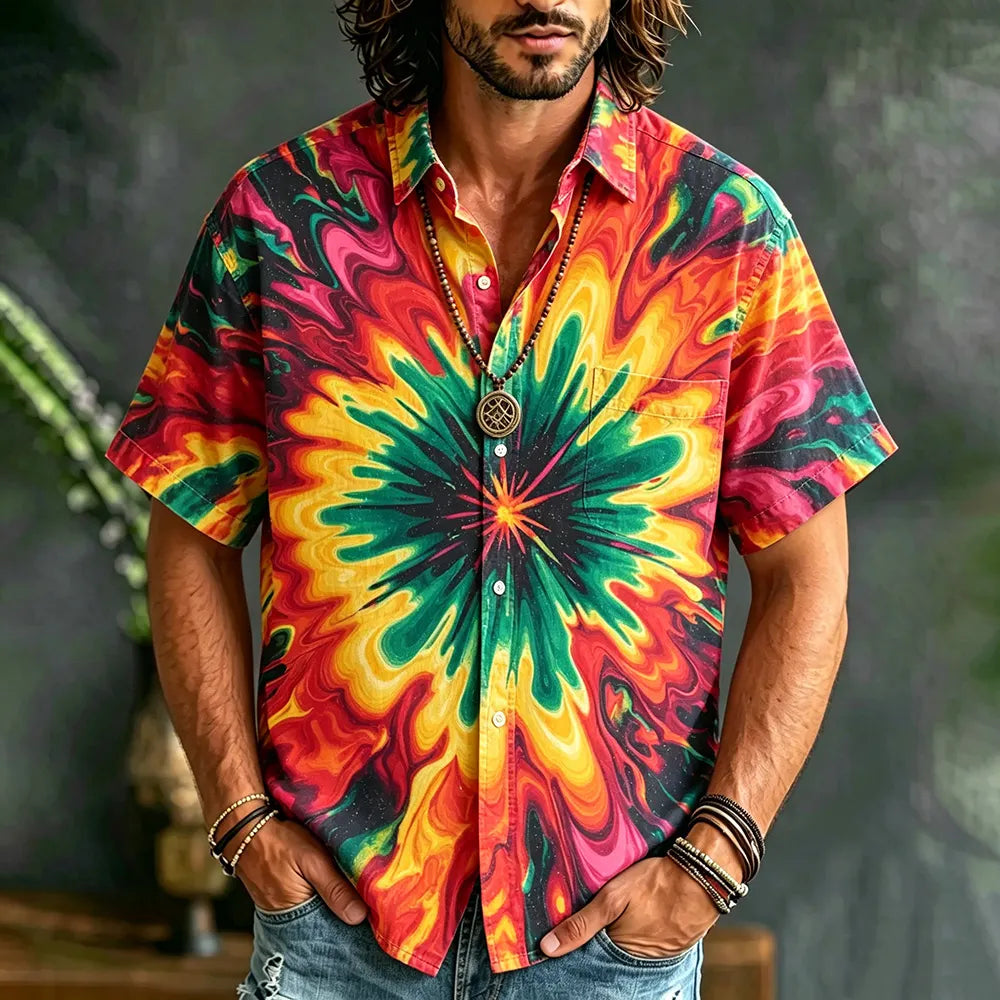 Psychedelic Rainbow Tie Dye Shirt Men Boho Hippie Short Sleeve Beach Casual Camp Shirt
