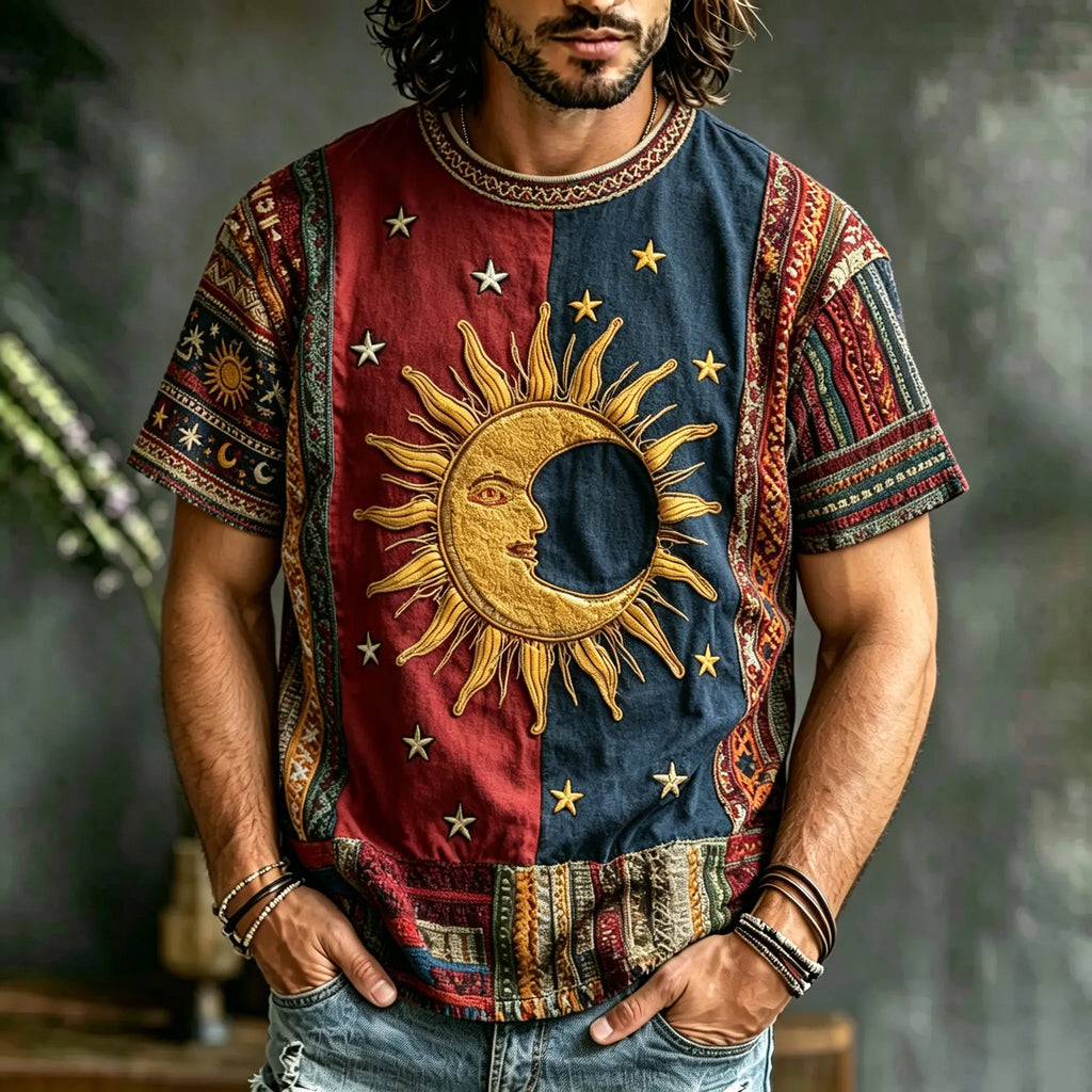 Men's Retro Hippie Style Artistic Sun And Moon Print Casual T-shirt