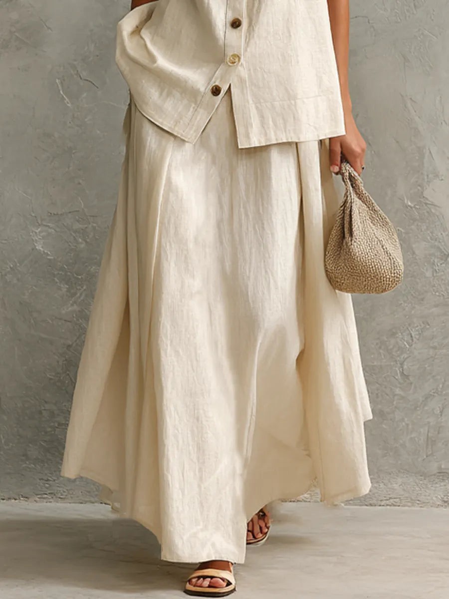 Women's Relaxed Off-White Linen-Cotton Two-Tone Button Stand Collar Sleeveless Vest And Maxi Skirt Two-Piece Set MDZ2485D5GMJ