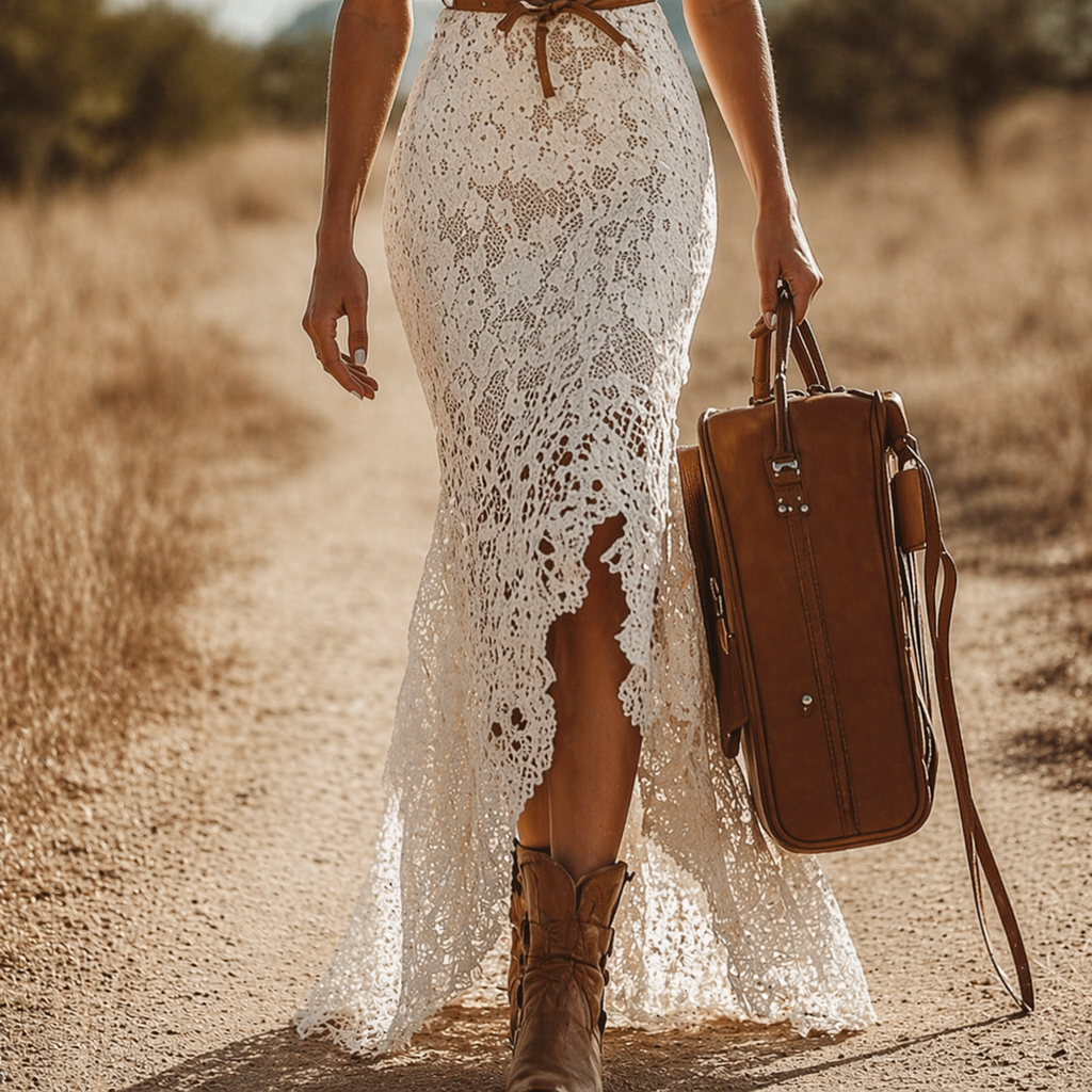 White Lace Western-Boho Maxi Dress with High Slit