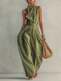 Soft Sage Linen Blend Sleeveless Jumpsuit