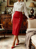 Midi Linen Skirt (Shirt not included.), Plain, Button Design, French Vintage, Red