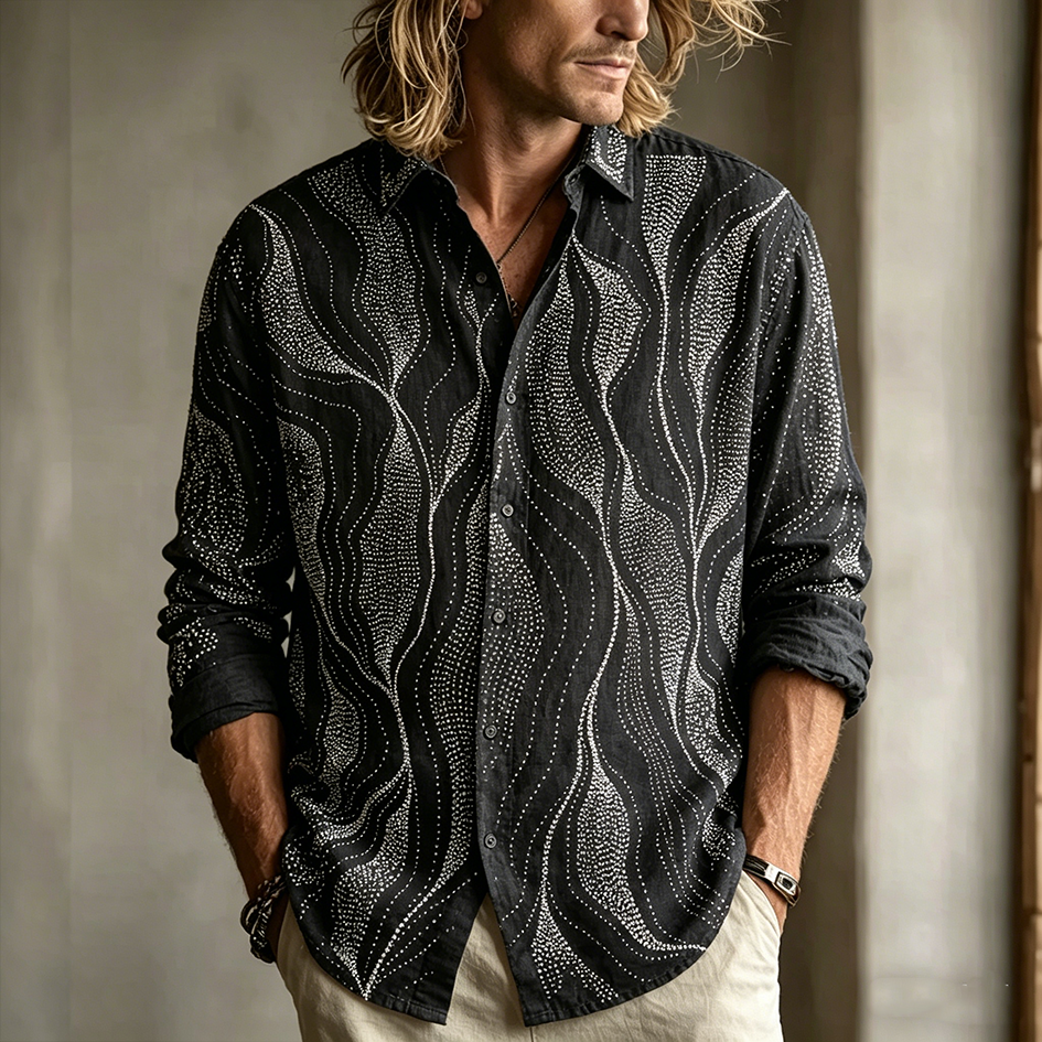 Men's Retro Plant Pattern Design Casual Linen Shirt