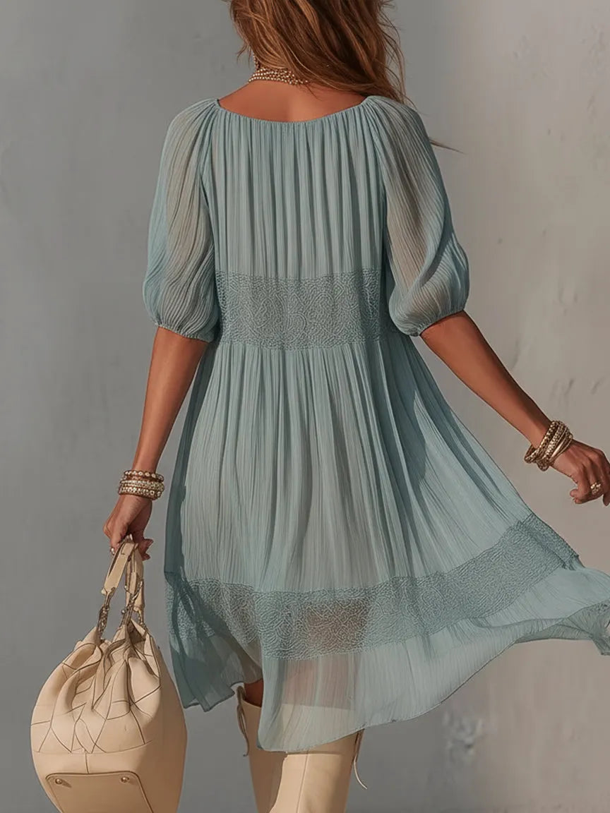 Blue Pleated Lace Midi Dress