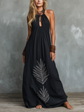 Women's Casual Black Cotton And Linen Halter Neck Sleeveless Loose Long Dress With Embroidered Hem MDZ0204C2AN