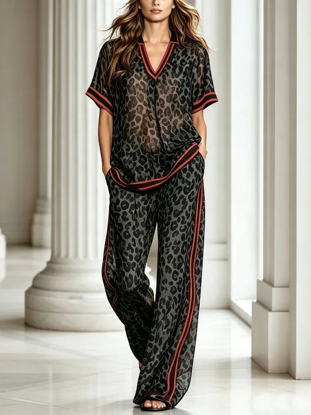 Casual Leopard Printing Shawl Collar Blouse
