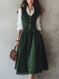 Midi Cotton Skirt (Shirt and Vest Not Included), Plain, Pocket Design, Vintage, Green