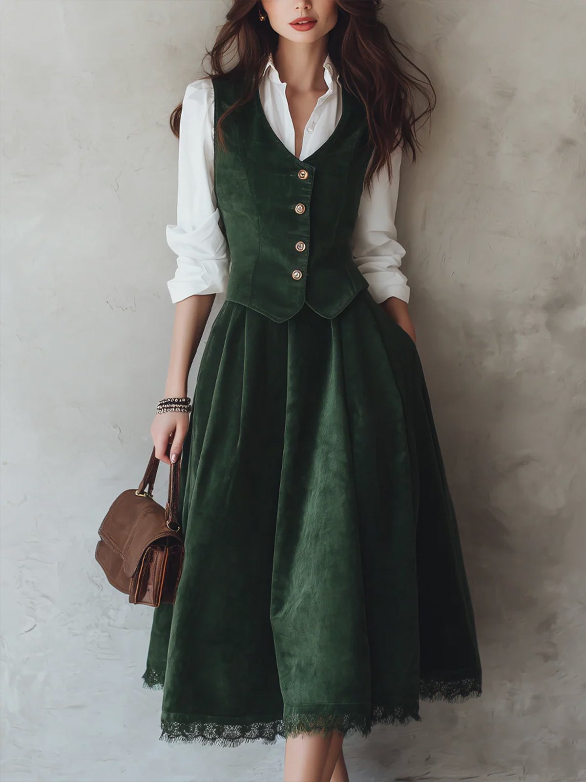 Midi Cotton Skirt (Shirt and Vest Not Included), Plain, Pocket Design, Vintage, Green