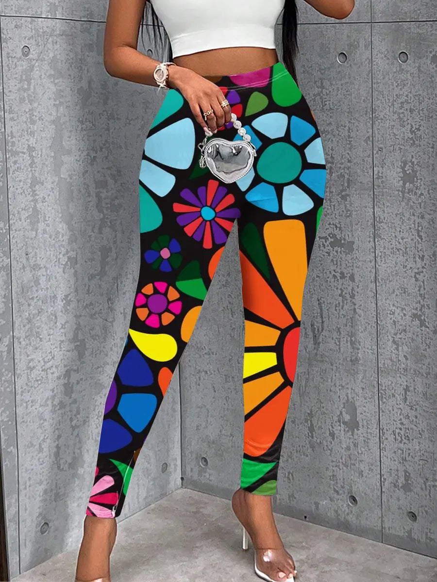 Women's Fashion Floral Art Print Casual Stretch Pants
