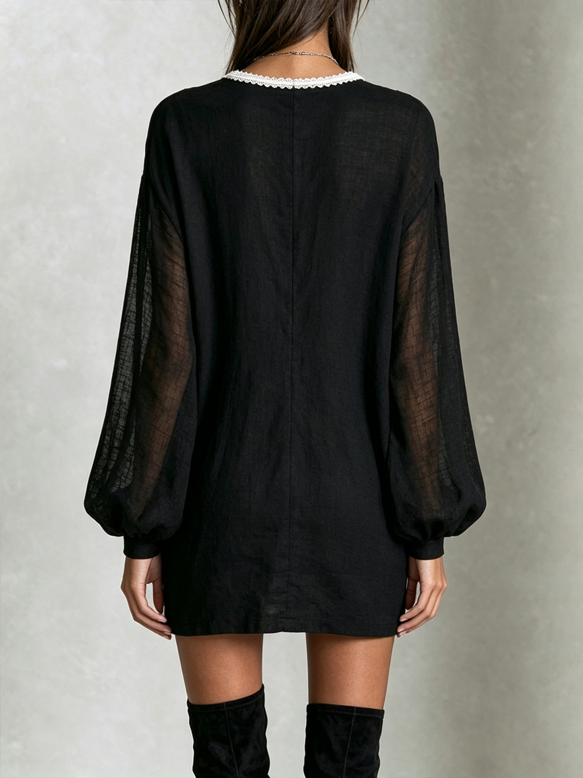 Black Mini Dress With Ivory Crochet Trim