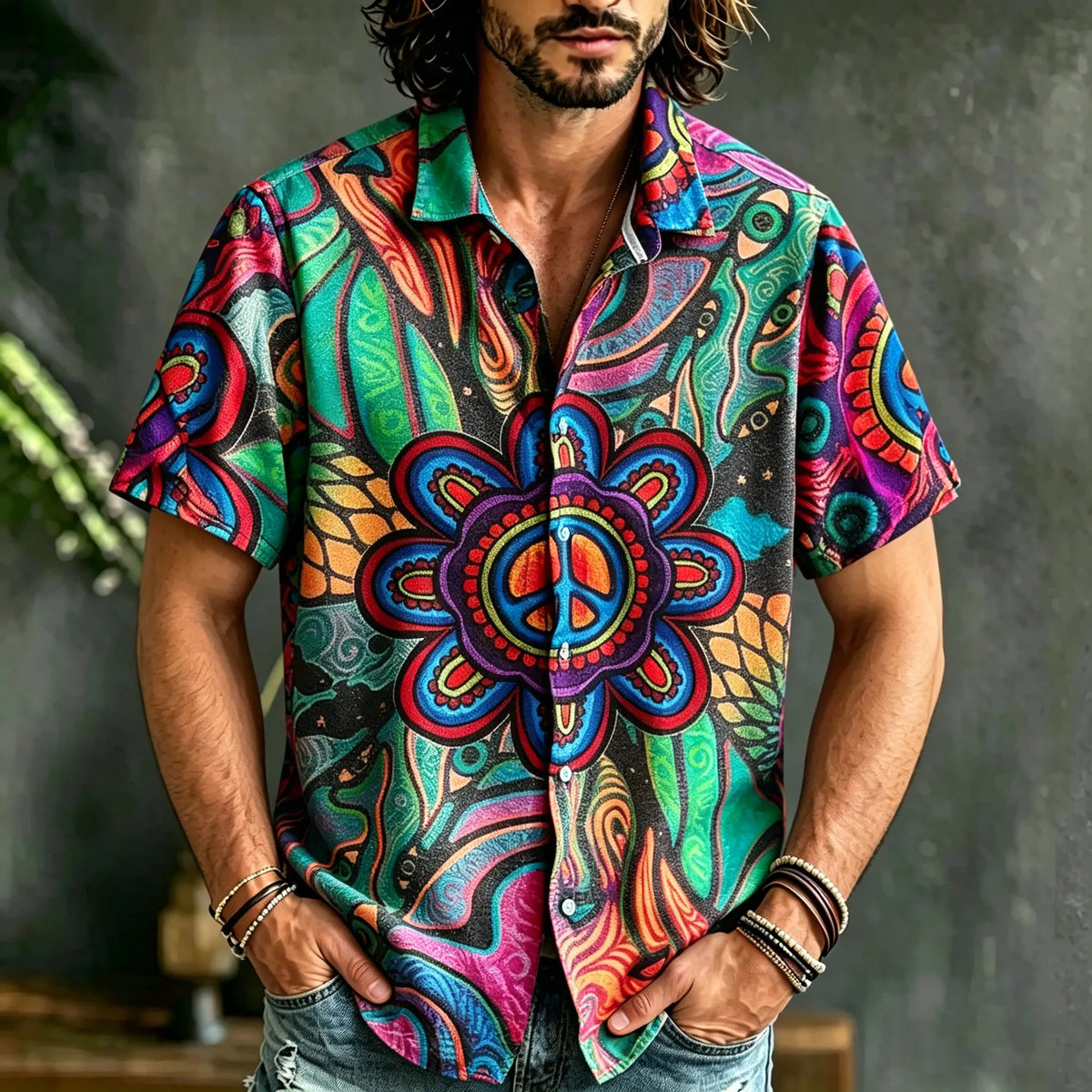Men's Retro Hippie Peace Logo Floral Art Print Casual Short-sleeve Shirt