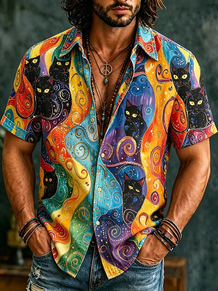 Men's Retro Hippie With Black Cat Art Pattern Casual Washed Shirt