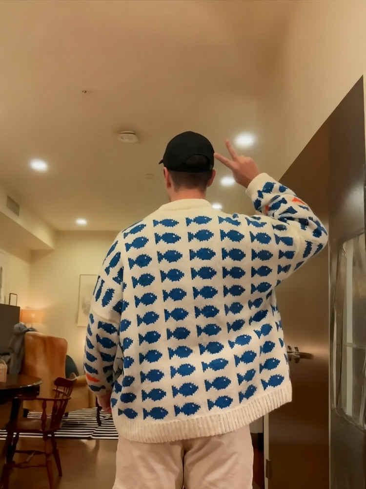 Blue Fish Pattern Knit Sweater