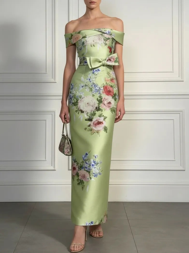 Green Floral Bow Satin Off The Shoulder Short Sleeve Sheath Maxi Dress