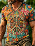 Peace Love Good Vibes 3d Embroidery Tee Men Hippie Floral Peace Sign V Neck Tshirt