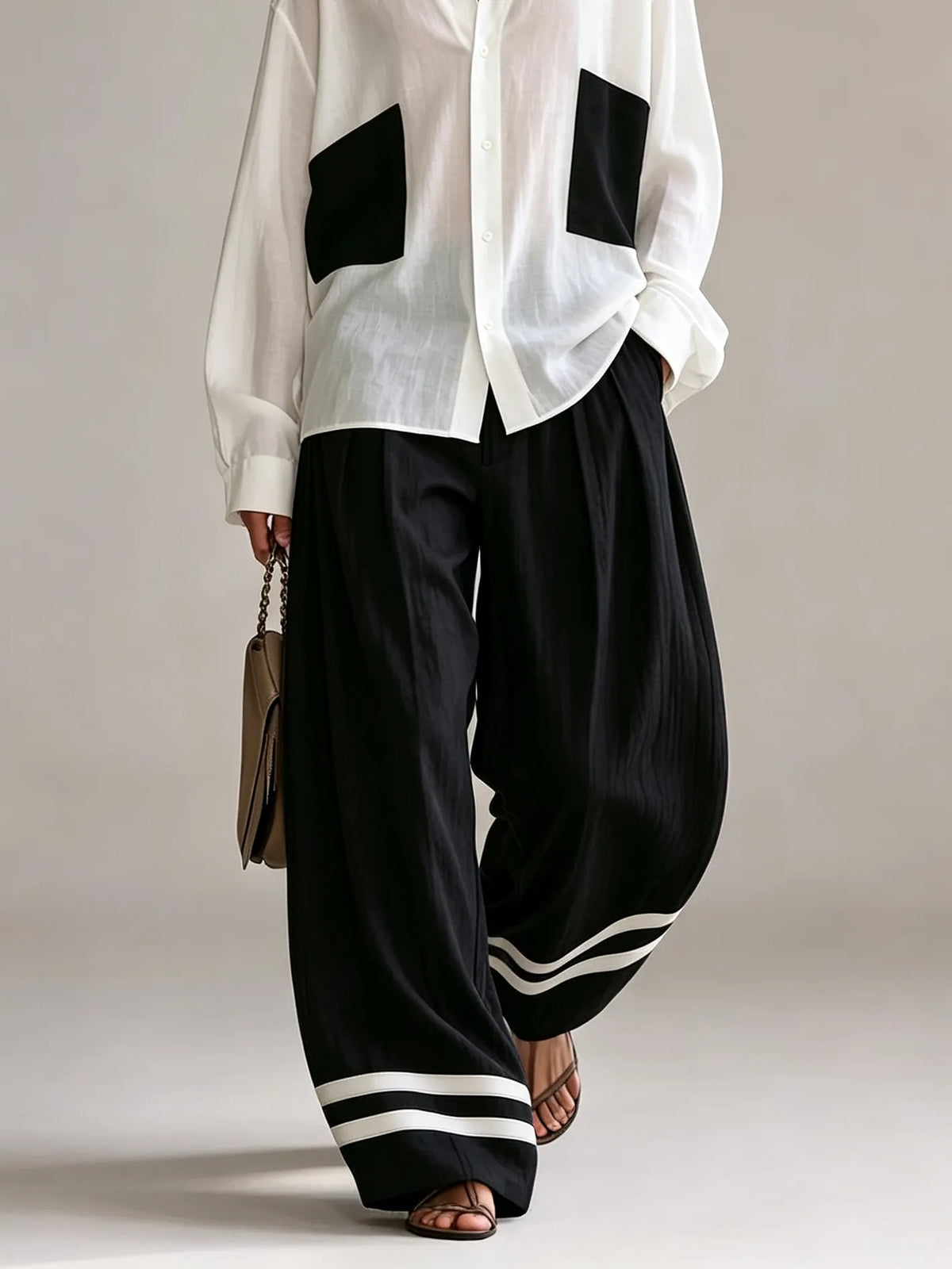 Black White Contrast Oversized Patch Pocket Shirt & High Waist Wide Leg Trousers With Stripe Hem Two‑Piece Outfit