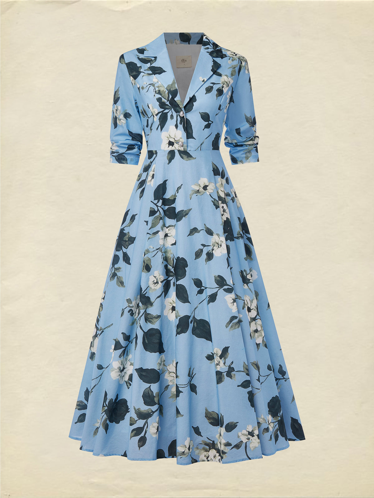 Maxi Linen Dress , Half Sleeve, Lapel Collar, Floral, Vacation, Vintage, Blue