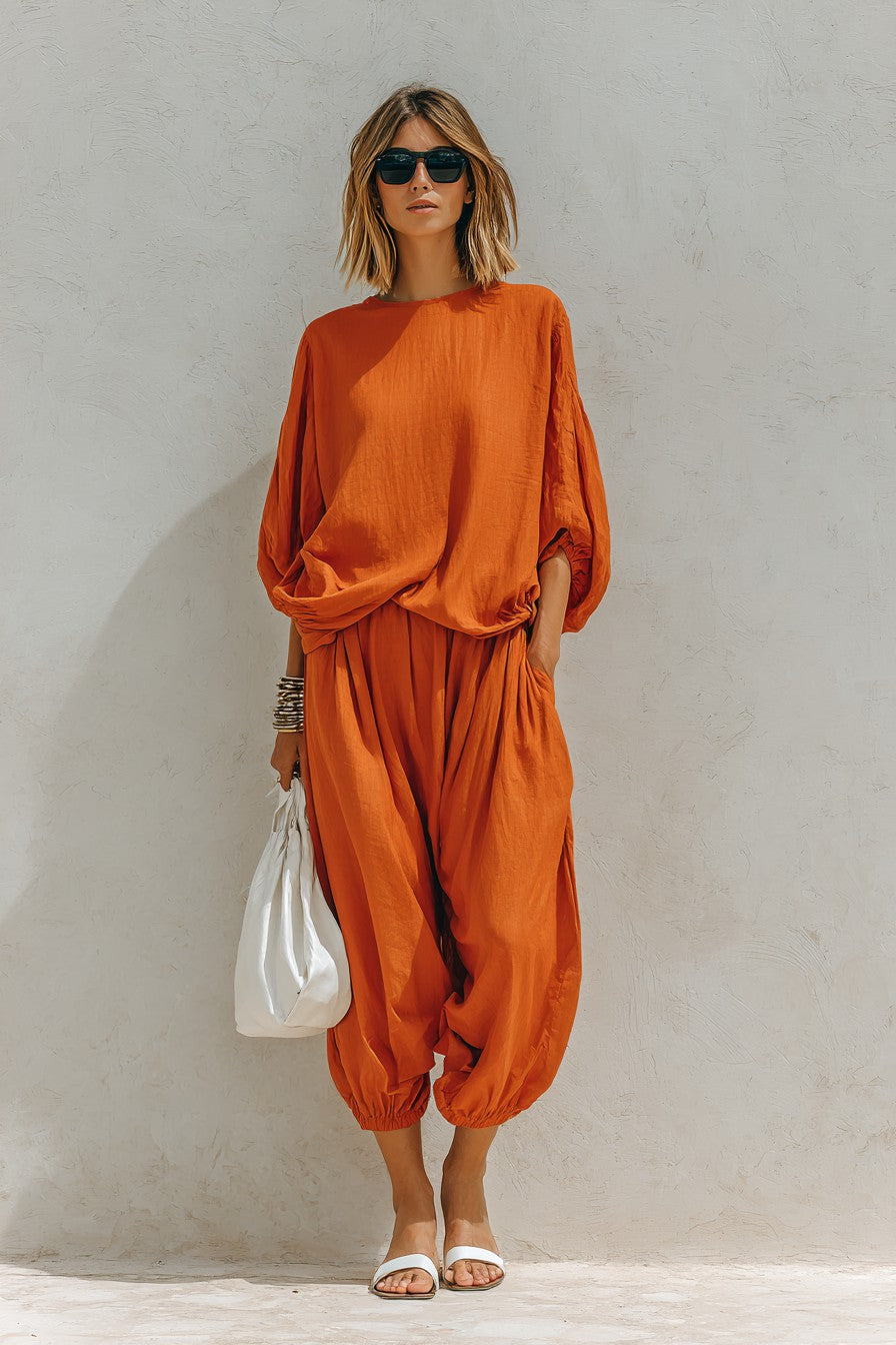 Women's Caramel Orange Balloon Sleeve Ruched Top & Wide Leg Pants Co-ord Set