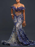 Sexy Slim Bandeau Bronzing Printed Backless Falbala See-Through Maxi Dress