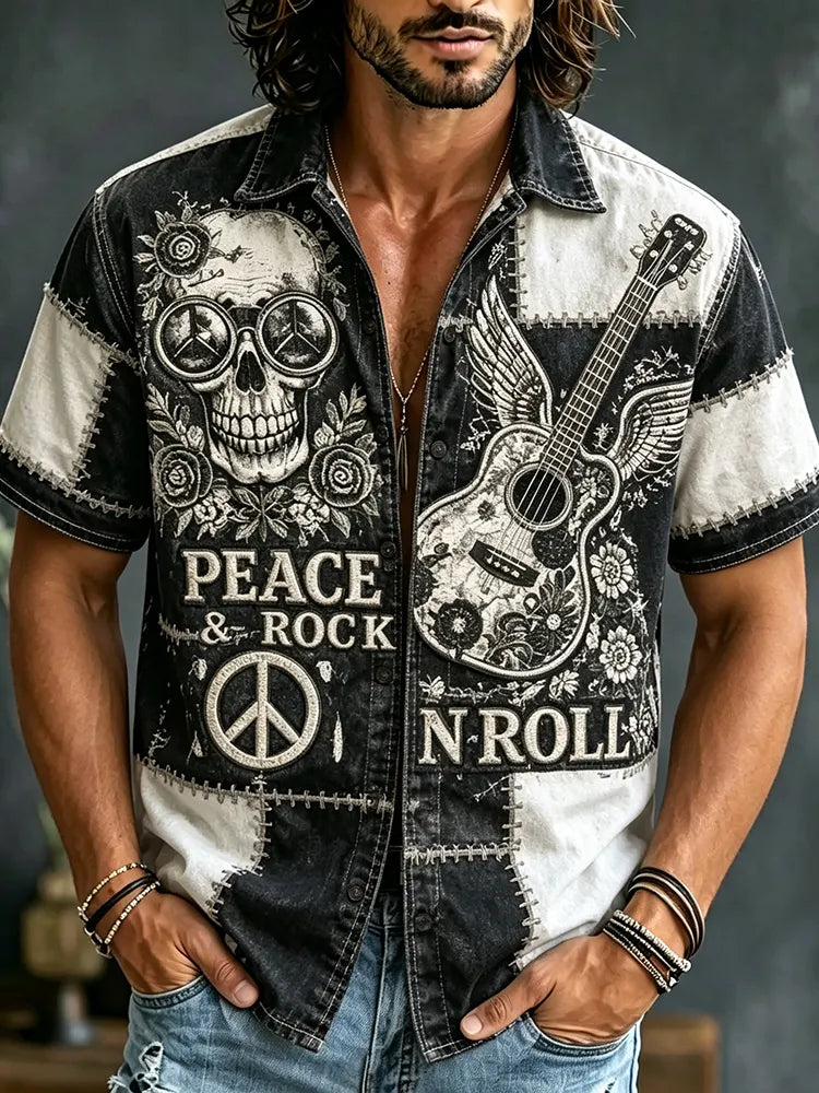 Men's Retro Skull Guitar Patchwork Short-sleeve Cotton Linen Shirt