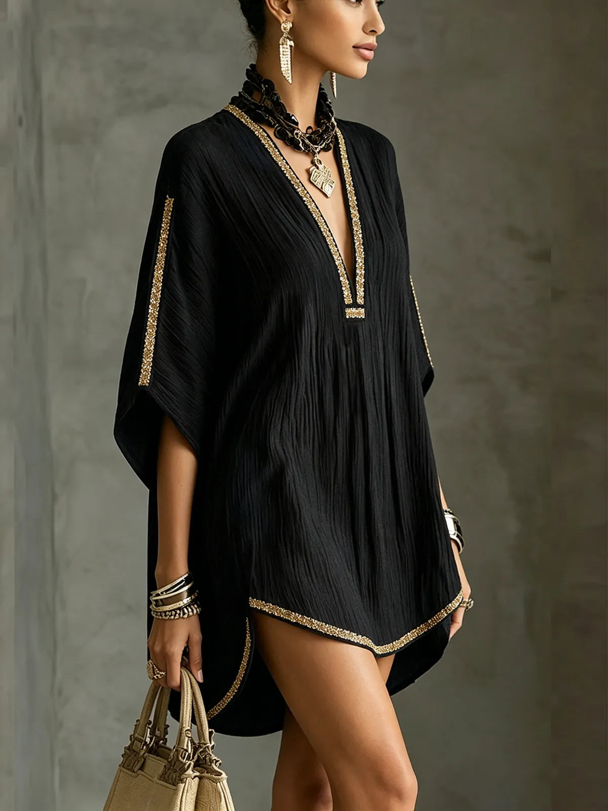 Black Deep V-Neck Mini Dress