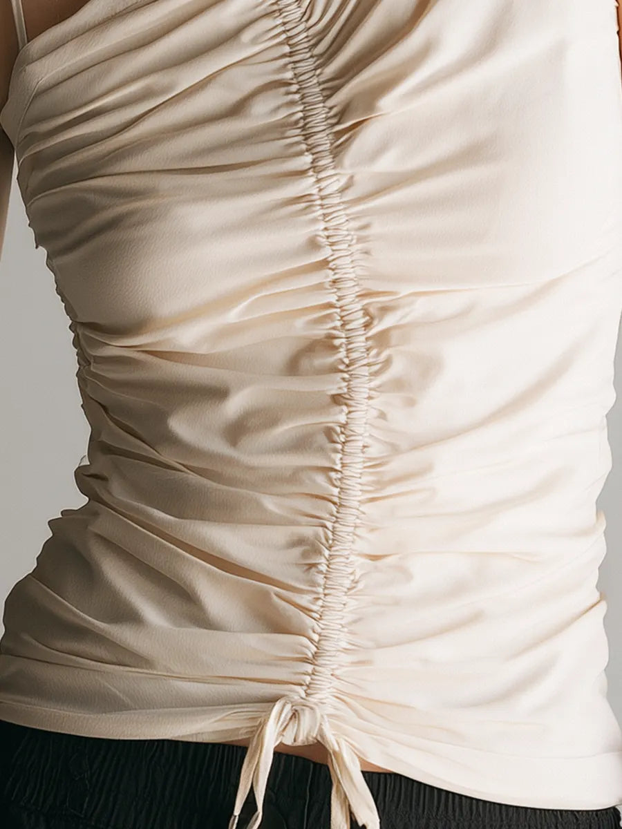 Women’s Beige Asymmetrical Ruched Drawstring Tank Top MDZ2761D0T