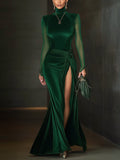 24-Hour-Shipping Emerald Green Velvet Mesh Sleeve High Slit Maxi Dress