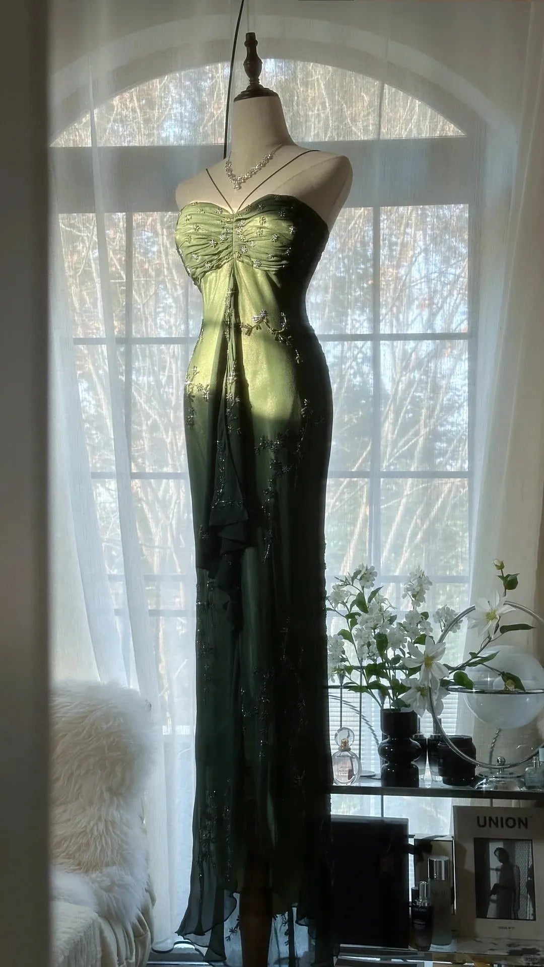 Green Elegant Fashion Exquisite Beaded Strapless Long Chiffon Ball Gown Evening Dress Birthday/Holiday Party Dress Prom Dress 4066