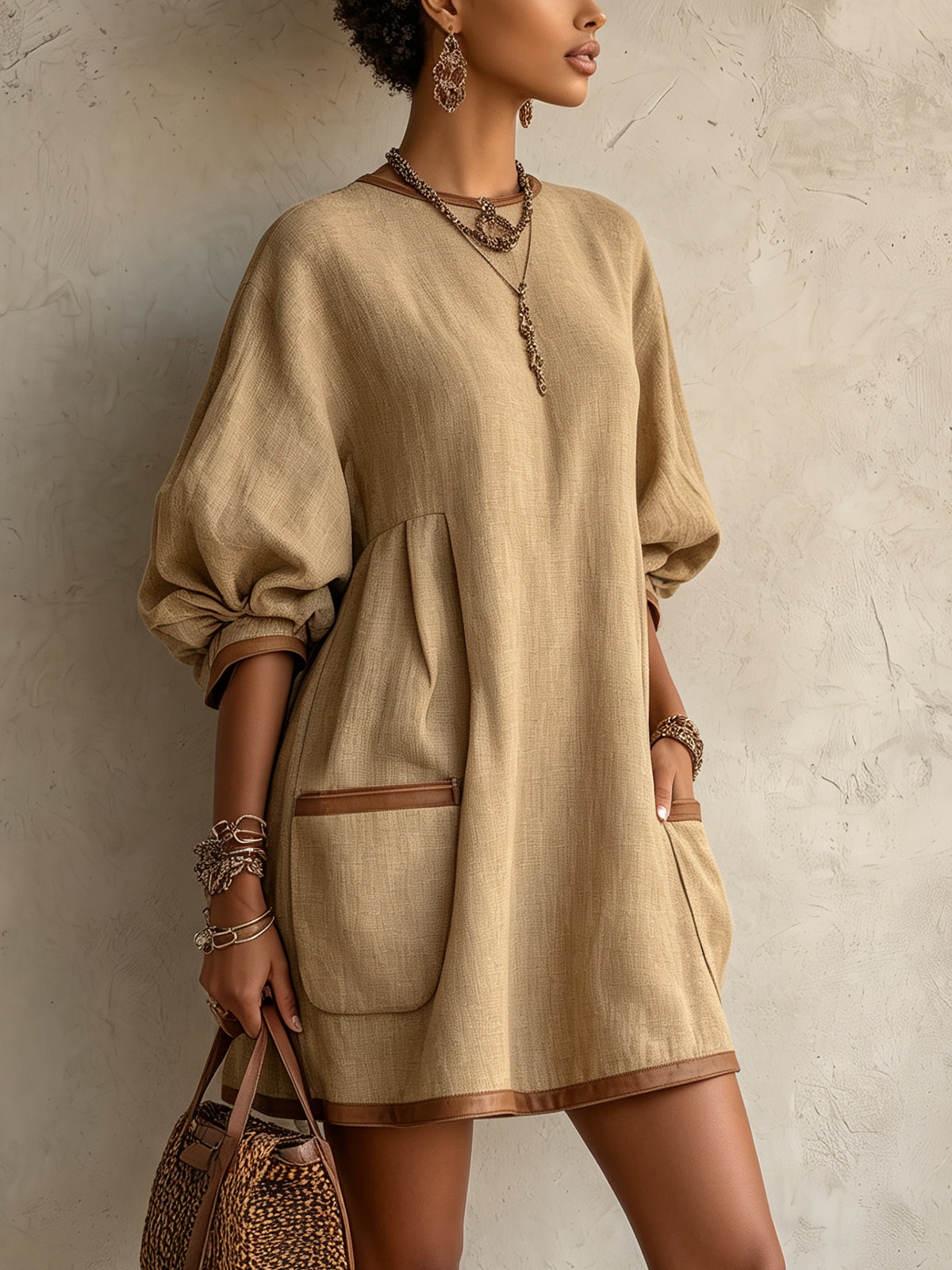 Khaki Oversized Textured Pocket Mini Dress