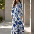 Mirabel – Blue Floral Peony Button-Front Maxi Shirt Dress with Pockets