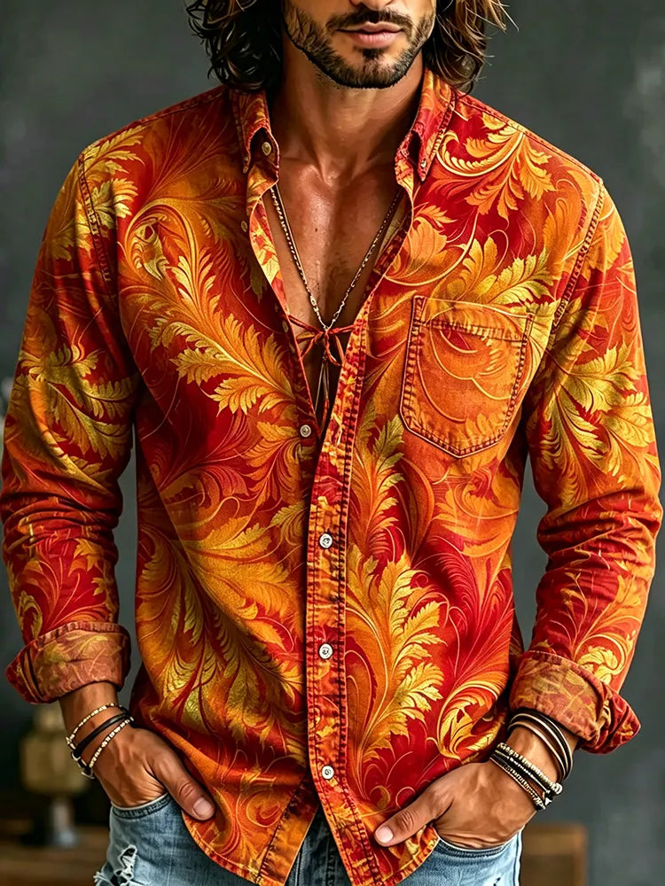 Men's Retro Ethnic Leaf Design Long-sleeved Cotton Linen Shirt