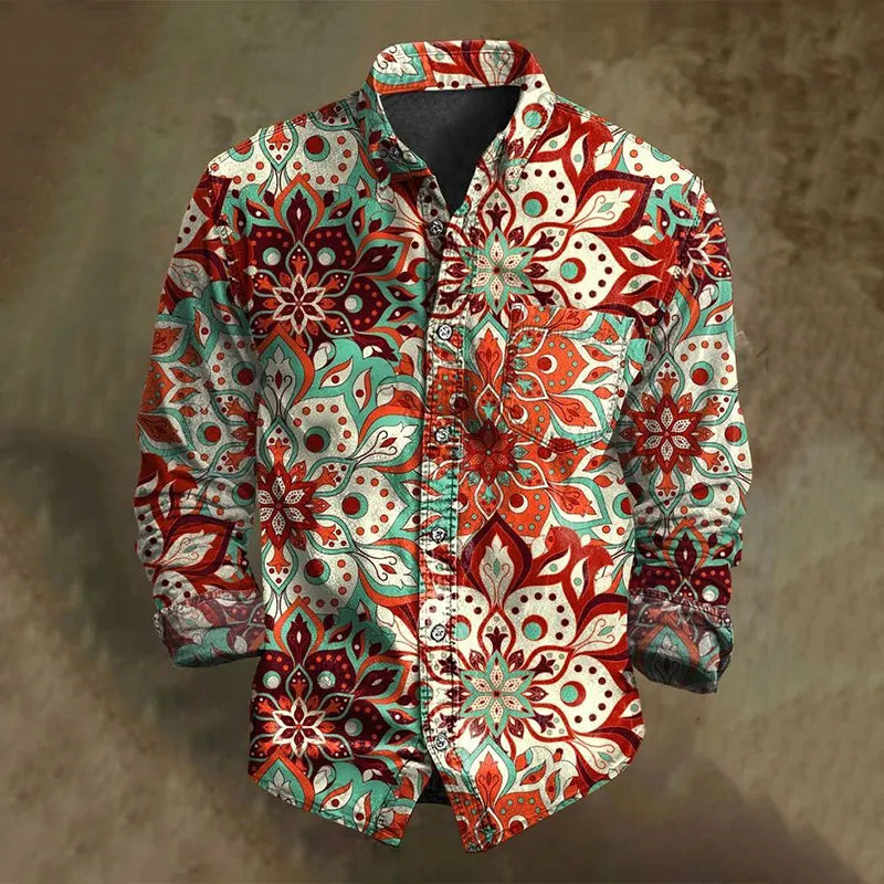Men's Retro Ethnic Floral Long-sleeved Cotton Linen Shirt