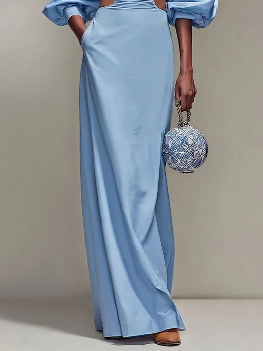 Women’s Sky Blue Satin Round Neck Balloon Sleeve Ruched Waist Cutout Maxi Dress MDZ2467D8T