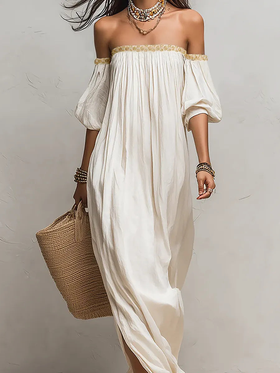 Bohemian Style Off-the-shoulder Pleated Ivory Long Dress