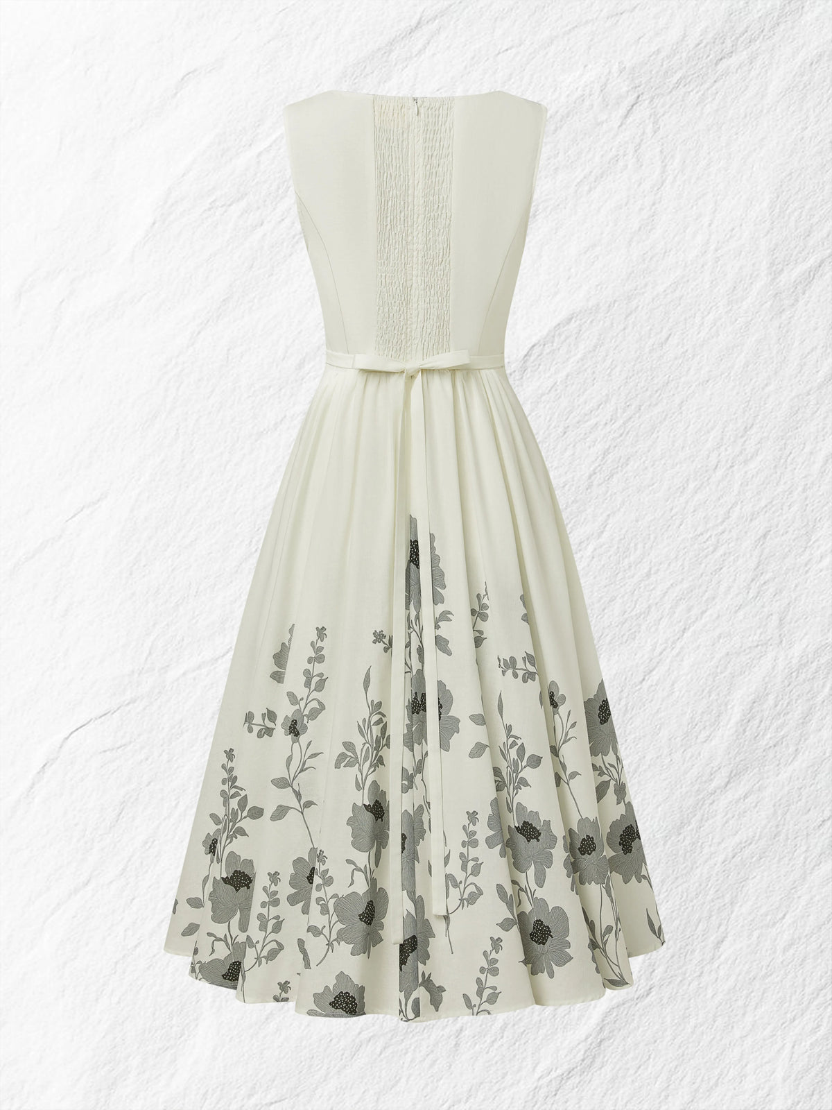 Midi Linen Dress , Sleeveless, Round Neck, Floral, Vacation, Vintage, White