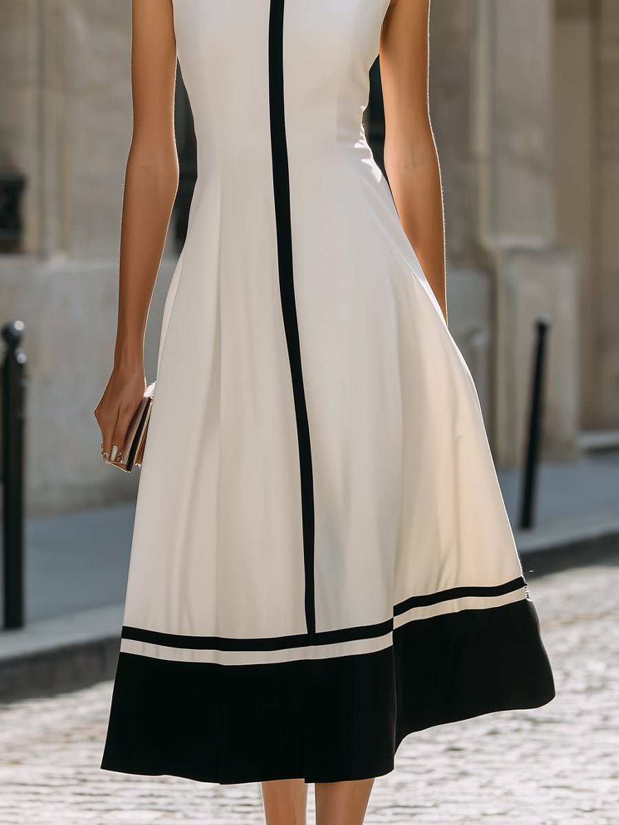 Contrast Trim Sleeveless A-Line Maxi Dress With Structured Collar