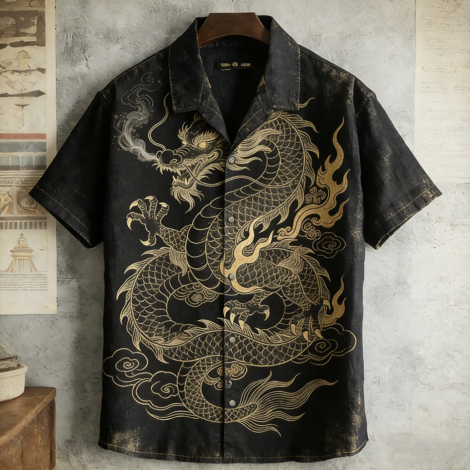 Japanese Art Retro Dragon Pattern Short Sleeve Shirt