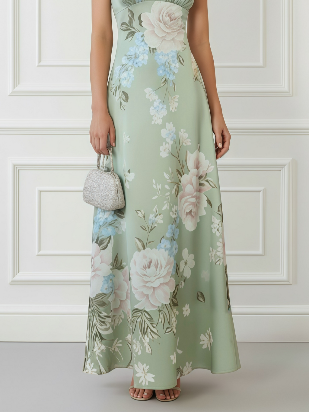 Light Green Floral Satin Mock Neck Sleeveless A-Line Maxi Dress