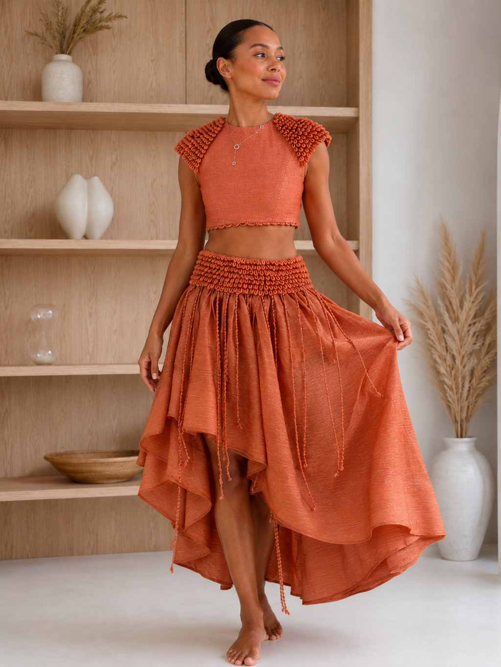 Terracotta Sculpted Shoulder Crop Top & High-Low Skirt Set